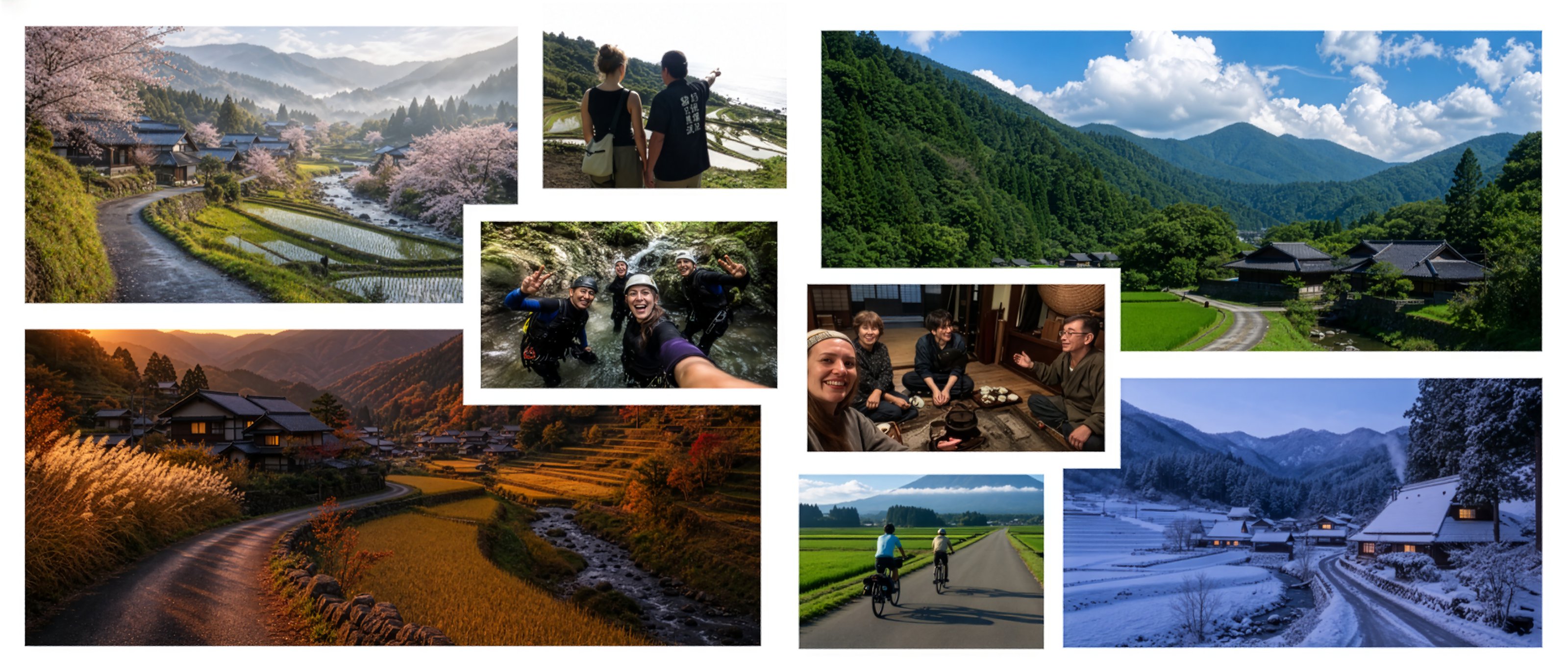 Collage of rural Japan across four seasons with international travelers