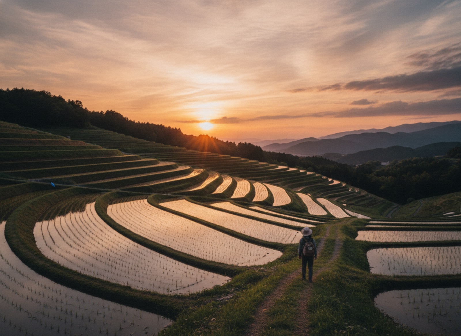 棚田の夕景に立つ旅行者